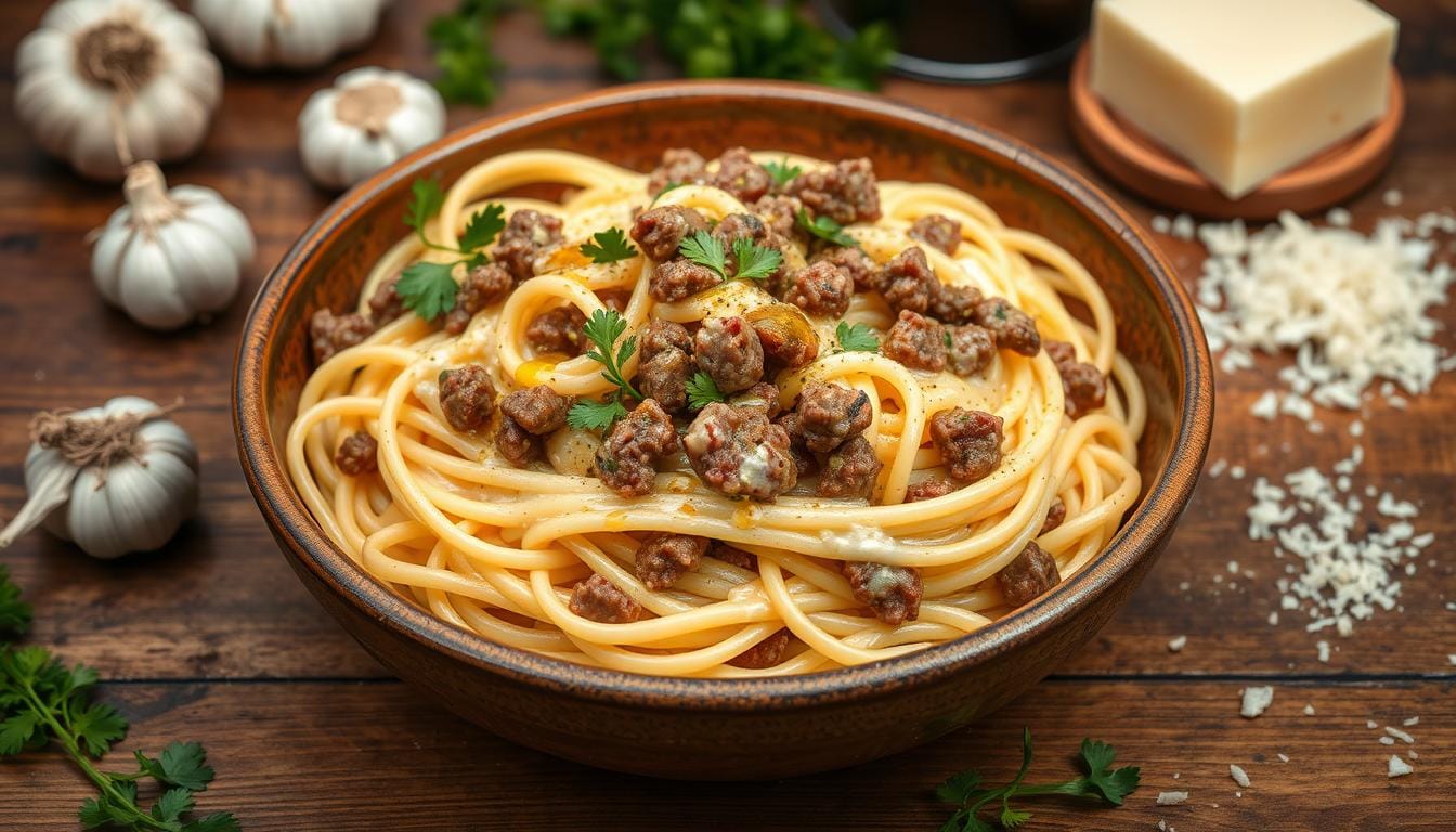 spaghetti alfredo with ground beef